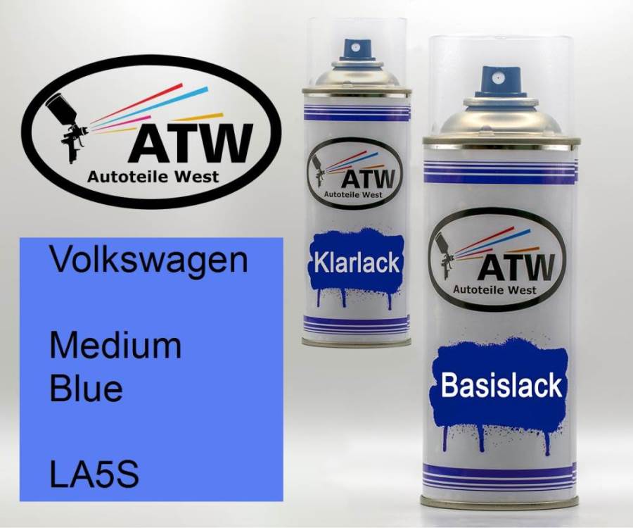 Volkswagen, Medium Blue, LA5S: 400ml Sprühdose + 400ml Klarlack - Set, von ATW Autoteile West.